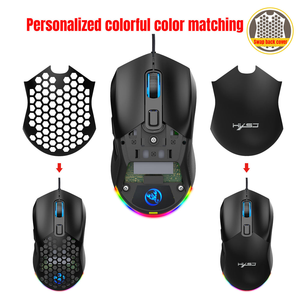Wired mouse RGB backlight 7200dpi hole gaming mouse interchangeable back cover lightweight